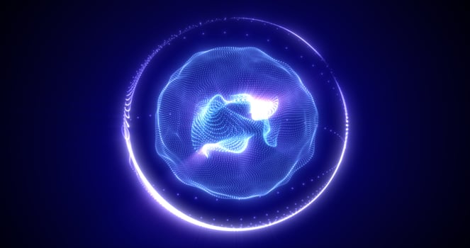 Abstract blue energy sphere from particles and waves of magical glowing on a dark background photo