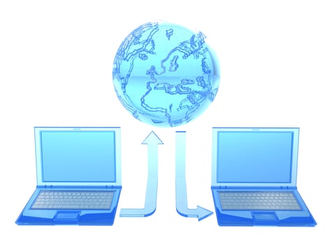 Internet communication. World Wide Web and laptops. 3d render of laptops and globe photo