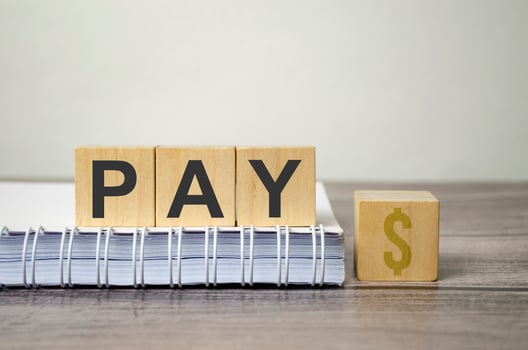 pay text from wooden blocks on a grey wooden background photo