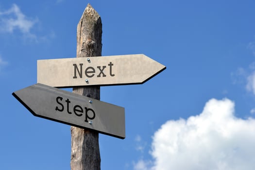 Next Step - Wooden Signpost with Two Arrows, Sky with Clouds photo