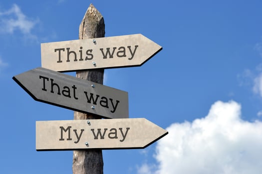 This Way, That Way, My Way - Wooden Signpost with Three Arrows, Sky with Clouds photo