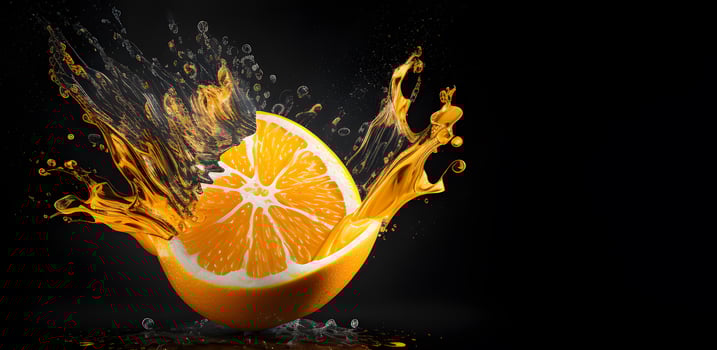 orange slice in water splash design on the black background. . photo