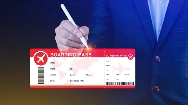 Hand holding boarding pass tickets air travel concept, Choosing checking electronic flight ticket. photo