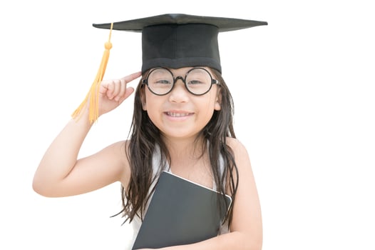 Asian school kid graduate thinking and smile with graduation cap isolated photo