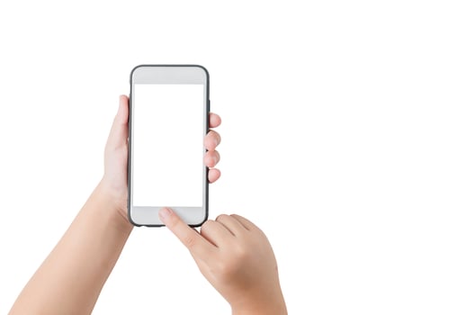 child hand hold mobile phone and touch on screen photo