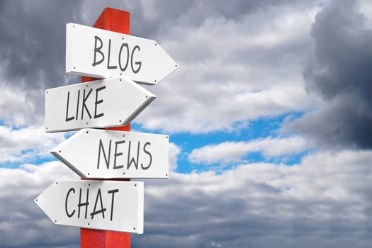 Blog, Like, News, Chat - Wooden Signpost with Four Arrows photo