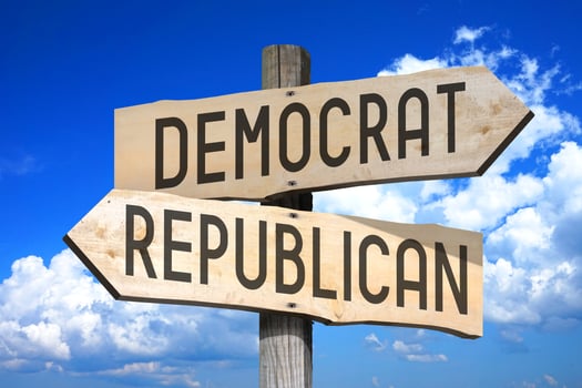 Democrat, Republican - Wooden Signpost with Two Arrows, Sky with Clouds in Background photo