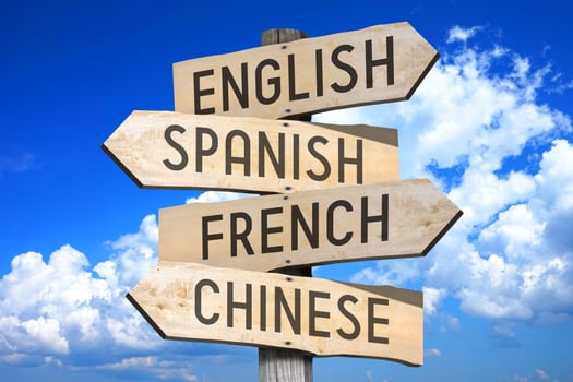 English, Spanish, French, Chinese - Languages Concept - Wooden Signpost with Four Arrows photo