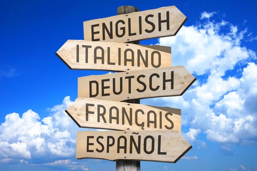English, Italian, German, French, Spanish - Languages Concept - Wooden Signpost with Five Arrows photo