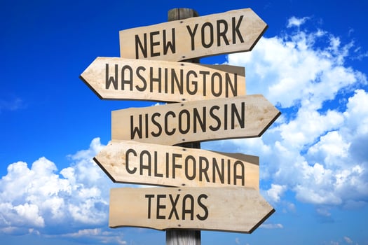 New York, Washington, Wisconsin, California, Texas - Wooden Signpost with Five Arrows photo