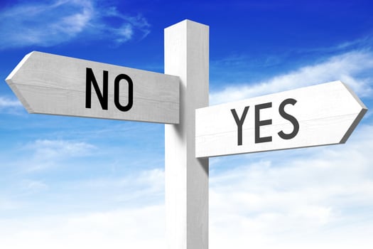 Yes, No - Wooden Signpost with Two Arrows and Sky in Background photo