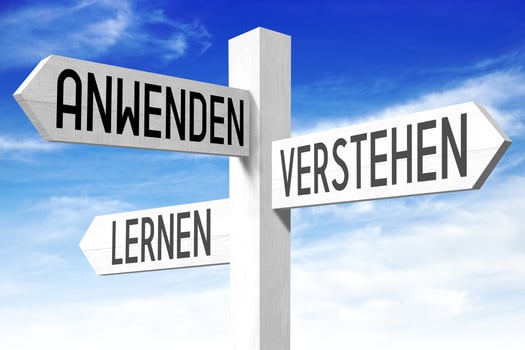 Use, understand, Learn in German - Wooden Signpost with Three Arrows and Sky in Background photo