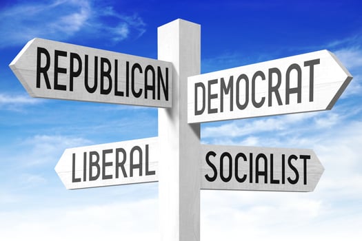 Politics Concept - Wooden Signpost with Four Arrows and Sky in Background photo