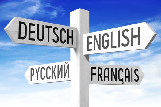 Languages Concept - Wooden Signpost with Four Arrows and Sky in Background photo