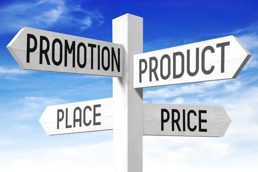 Marketing Concept - Wooden Signpost with Four Arrows and Sky in Background photo