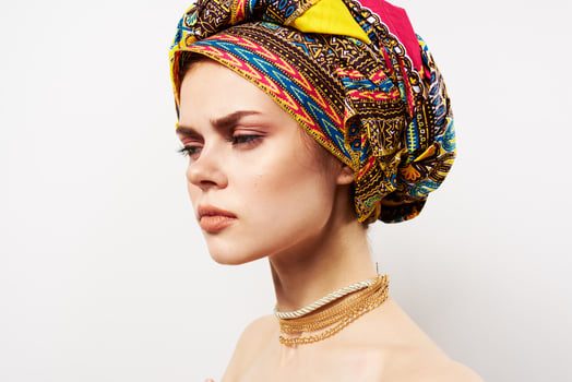 joyful woman multicolored turbans home decoration fashion photo