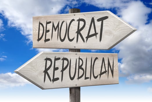 Democrat, Republican - Wooden Signpost with Two Arrows and Cloudy Sky in Background photo