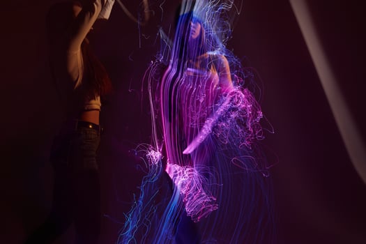 Beautiful fashionable girl disco neon lines luxury fashion color background unaltered photo