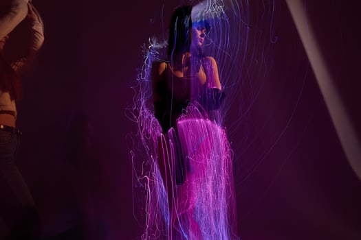 Pretty young female disco neon lines luxury fashion studio model unaltered photo
