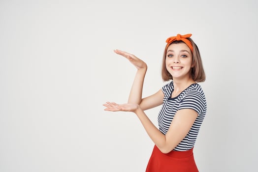 pretty woman in striped t-shirt posing emotions fashion photo