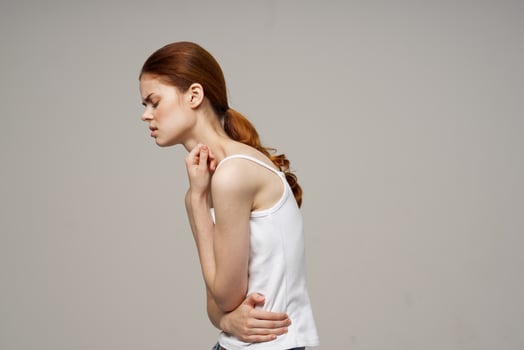 sick woman groin pain intimate illness gynecology isolated background photo