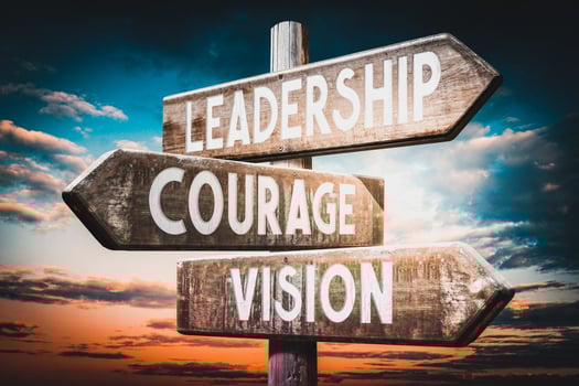 Leadership, Courage, Vision - Wooden Signpost with Three Arrows, Sunset Sky in Background photo