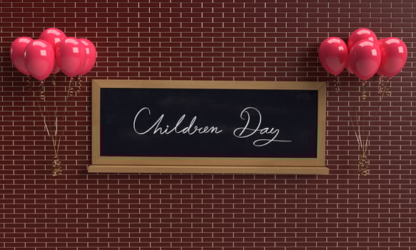 blackboard sign red balloon two party celebration festival welcome kid love mother father children day event couple children day boy girl billboard classroom school education grunge study.3d render photo