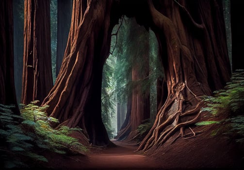 Dense forest in California, many sequoias - image photo
