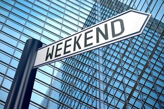 Weekend - Signpost With One Arrow, Modern Office Building in Background photo