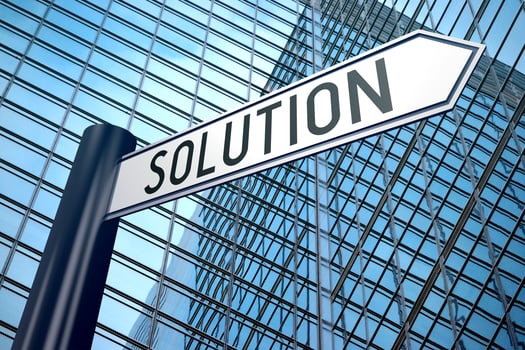 Solution - Signpost With One Arrow, Modern Office Building in Background photo