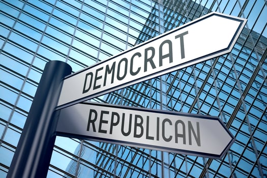 Democrat or Republican - Signpost With Two Arrows, Office Building in Background photo