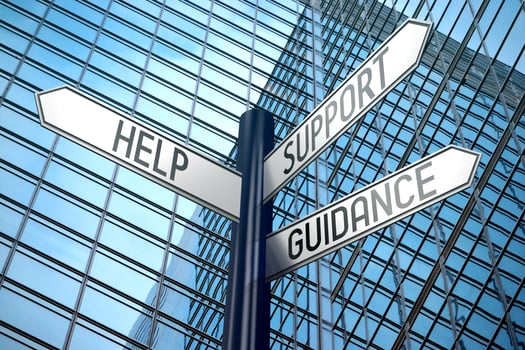 Support Concept - Signpost With Three Arrows, Office Building in Background photo