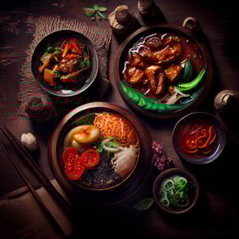 Beautiful varied Asian food on a dark background - image photo