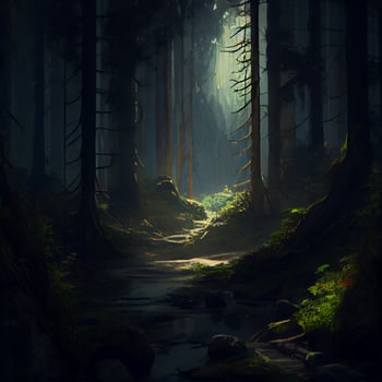 Dark gloomy fairytale mysterious forest - image photo