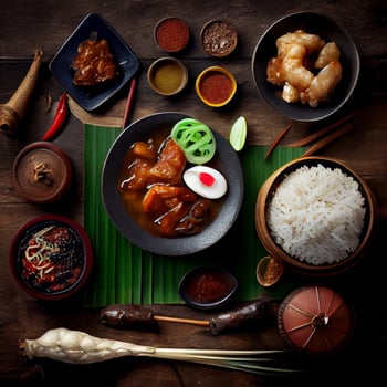 Beautiful varied Asian food on a dark background - image photo