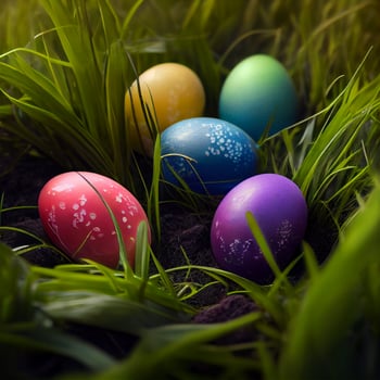 Colorful Easter eggs lying in dense green grass - image photo
