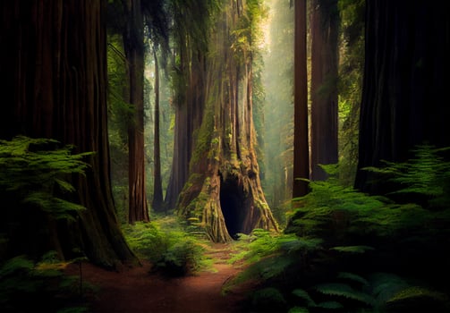 Dense forest in California, many sequoias - image photo