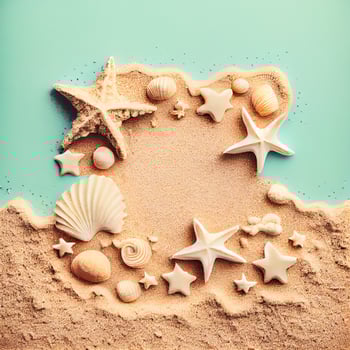 Seashells background on sand - image photo