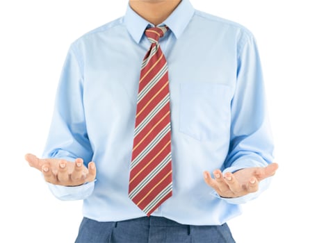 Male wearing blue shirt reaching hand out with clipping path photo