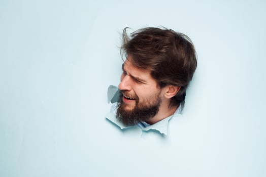 Cheerful manager office documents work it is blue background photo