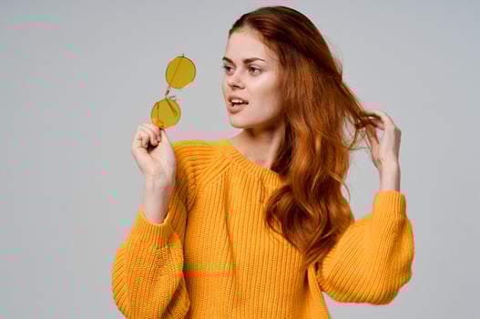 beautiful woman in yellow glasses posing fun lifestyle isolated background photo
