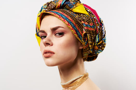 pretty woman multicolored turban ethnicity fashion posing photo