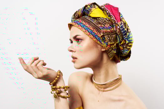 joyful woman multicolored turbans home decoration fashion photo