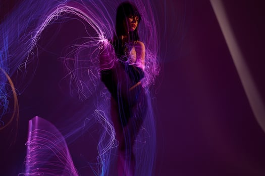 Portrait of a charming lady disco neon lines luxury fashion color background unaltered photo