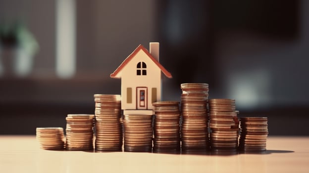 House model and coins stack on table with real estate concept , artwork photo