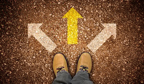 Yellow Leather Shoes and Three Chalky Arrows on Ground - Decision Concept photo