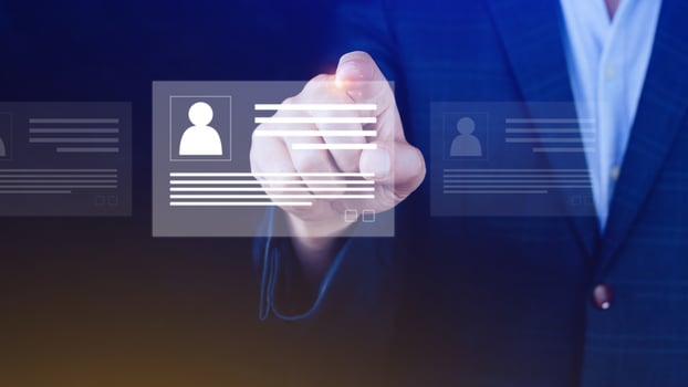 Human resources manager choosing professional profile to hire on virtual screen interface, recruitment concept. Businessman hand pointing icon resource HR management concept photo