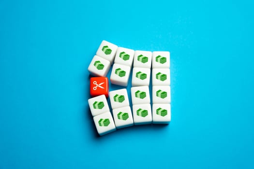 Budget cuts, tough economy. Scissors split the budget in half. Cutting spendings. Optimization of costs. Division of property after divorce. Inflation and the global crisis. Capital, savings. photo