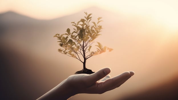 Artistic Hands Embrace Nature's Beauty Holding Tree Over Blurred Background photo
