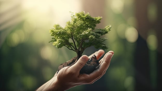 Artistic Hands Embrace Nature's Beauty Holding Tree Over Blurred Background photo